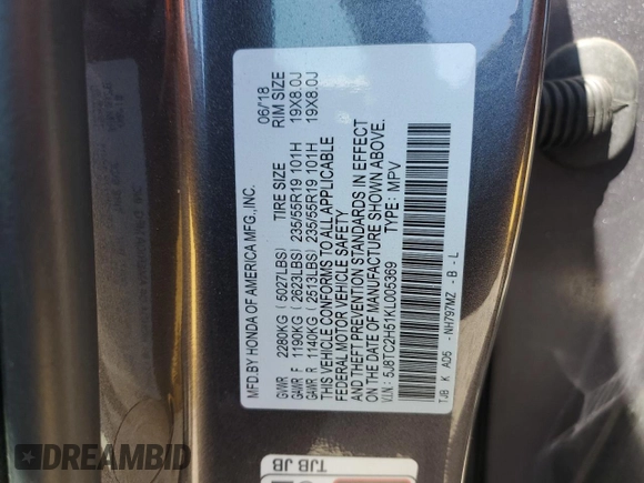 2019 Acura RDX Technology с VIN 5J8TC2H51KL005369, выставлен на аукционе Copart как лот 57852755 с пробегом 46 085 миль миль и Списание • Salvage title. История ставок и продаж доступна на DreamBid. Изображение 13.