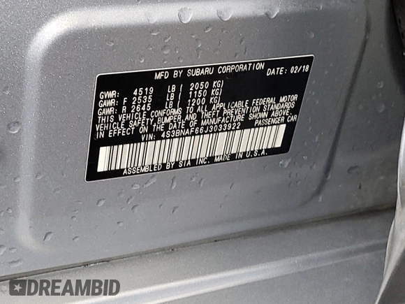 2018 Subaru Legacy Premium with VIN 4S3BNAF66J3033922, listed as a IAAI auction lot 42229586 with 39,267 mi miles and . Bid and sale history available at DreamBid. Image 1.