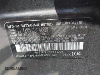 2024 Mitsubishi Mirage ES z VIN ML32FUFJ7RHF11224, wystawiony jako IAAI lot #42165793 z przebiegiem 6726 mil mil oraz . Historia ofert i sprzedaży dostępna na DreamBid. Obrazek 9.