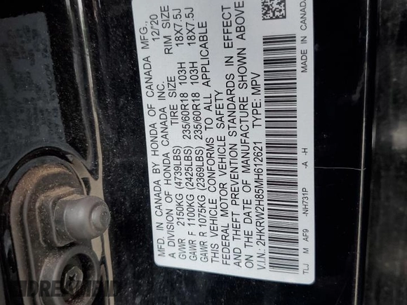 2021 Honda CR-V EX-L with VIN 2HKRW2H85MH612621, listed as a Copart auction lot 59610025 with 38,476 mi miles and Non repairable. Bid and sale history available at DreamBid. Image 14.