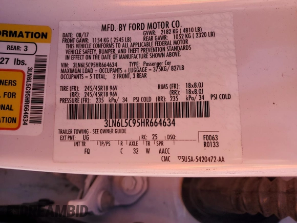 2017 Lincoln MKZ Select with VIN 3LN6L5C95HR664634, listed as a Copart auction lot 45489755 with 74,803 mi miles and Salvage title. Bid and sale history available at DreamBid. Image 12.