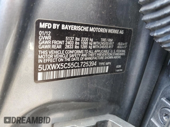 2012 BMW X3 28i with VIN 5UXWX5C55CL725394, listed as a Copart auction lot 48235345 with 132,791 mi miles and Salvage Title. Bid and sale history available at DreamBid. Image 13.