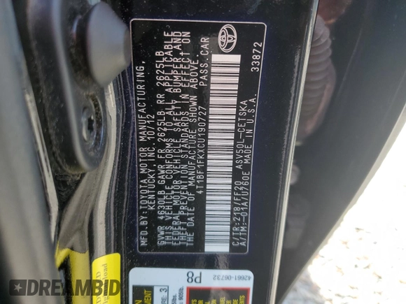 2012 Toyota Camry L with VIN 4T1BF1FKXCU190727, listed as a Copart auction lot 54135145 with 108,812 mi miles and Clean Title. Bid and sale history available at carsss.com. Image 24.