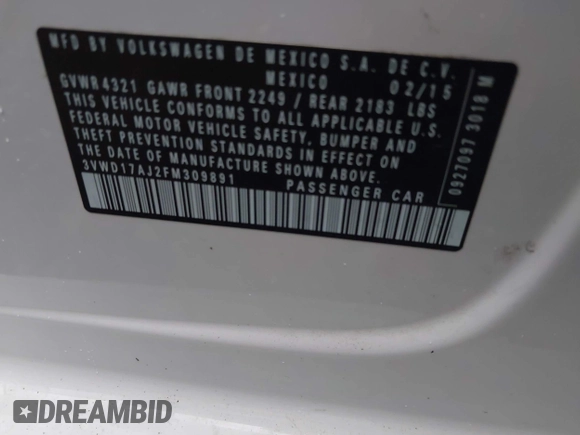2015 Volkswagen Jetta SE с VIN 3VWD17AJ2FM309891, выставлен на аукционе IAAI как лот 42657281 с пробегом 134 046 миль миль и . История ставок и продаж доступна на DreamBid. Изображение 9.