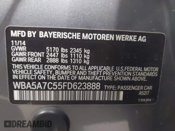 2015 BMW 5 Series 528i xDrive with VIN WBA5A7C55FD623888, listed as a IAAI auction lot 42178680 with 96,267 mi miles and . Bid and sale history available at DreamBid. Image 9.