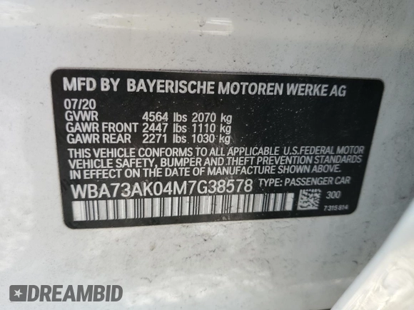 2021 BMW 2 Series 228i xDrive with VIN WBA73AK04M7G38578, listed as a Copart auction lot 48607725 with 48,963 mi miles and Salvage title. Bid and sale history available at DreamBid. Image 13.