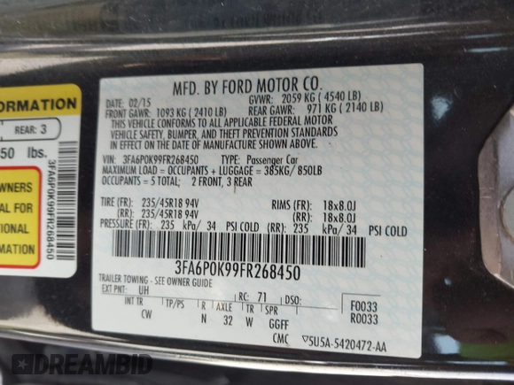 2015 Ford Fusion Titanium with VIN 3FA6P0K99FR268450, listed as a IAAI auction lot 41805513 with 202,009 mi miles. Bid and sale history available at carsss.com. Image 9.