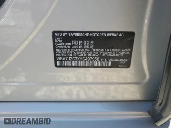 2017 BMW 7 Series 740e xDrive iPerformance with VIN WBA7J2C3XHG497958, listed as a Copart auction lot 58203604 with 75,256 mi miles and Salvage Title. Bid and sale history available at carsss.com. Image 12.