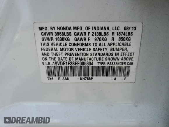 2014 Acura ILX with VIN 19VDE1F38EE005304, listed as a Copart auction lot 61501715 with 97,833 mi miles and Salvage title. Bid and sale history available at DreamBid. Image 13.