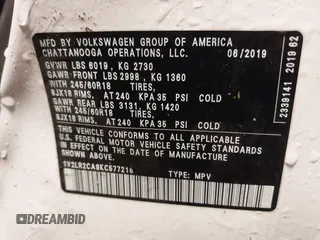 2019 Volkswagen Atlas SE with VIN 1V2LR2CA8KC577216, listed as a IAAI auction lot 41156460 with 68,382 mi miles and . Bid and sale history available at DreamBid. Image 9.