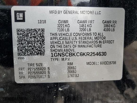 2019 Chevrolet Tahoe LT with VIN 1GNSCBKC6KR254630, listed as a Copart auction lot 50657345 with 111,297 mi miles and Salvage Title. Bid and sale history available at carsss.com. Image 15.