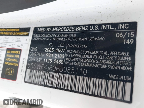 2015 Mercedes-Benz C 300 with VIN 55SWF4JB0FU085110, listed as a IAAI auction lot 41878764 with 115,326 mi miles and . Bid and sale history available at carsss.com. Image 9.