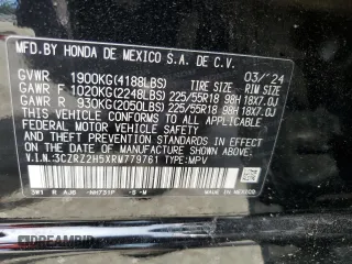 2024 Honda HR-V Sport с VIN 3CZRZ2H5XRM779761, выставлен на аукционе Copart как лот 58382785 с пробегом 6 017 миль миль и Списание • Salvage title. История ставок и продаж доступна на DreamBid. Изображение 13.