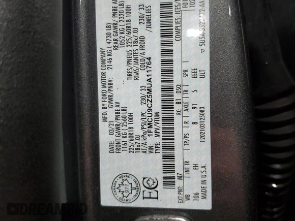 2021 Ford Escape SEL Hybrid with VIN 1FMCU9CZ5MUA11764, listed as a Copart auction lot 43969335 with 46,449 mi miles and Salvage title. Bid and sale history available at DreamBid. Image 14.