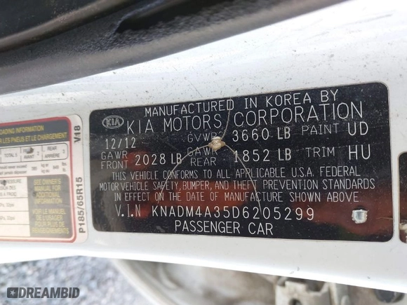 2013 Kia Rio LX with VIN KNADM4A35D6205299, listed as a IAAI auction lot 41344957 with 1 mi miles. Bid and sale history available at carsss.com. Image 9.
