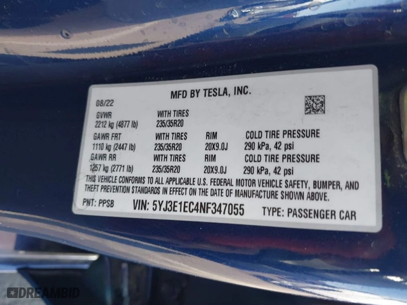 2022 Tesla Model 3 Performance with VIN 5YJ3E1EC4NF347055, listed as a IAAI auction lot 41713504 with 38,266 mi miles. Bid and sale history available at carsss.com. Image 9.
