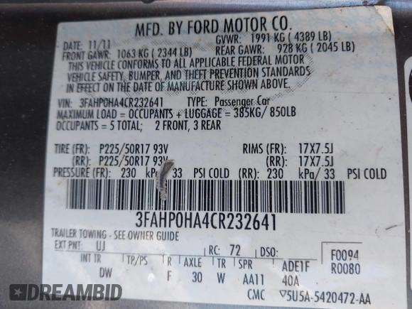 2012 Ford Fusion SE z VIN 3FAHP0HA4CR232641, wystawiony jako IAAI lot #42057070 z przebiegiem 180 793 mil mil oraz . Historia ofert i sprzedaży dostępna na DreamBid. Obrazek 9.