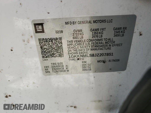 2018 GMC Acadia SLT with VIN 1GKKNMLS8JZ207851, listed as a Copart auction lot 59108775 with 162,449 mi miles and Salvage title. Bid and sale history available at DreamBid. Image 13.