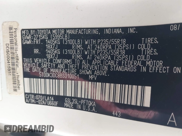 2011 Toyota Sienna XLE with VIN 5TDDK3DC8BS010051, listed as a IAAI auction lot 41405424 with 293,348 mi miles. Bid and sale history available at carsss.com. Image 9.
