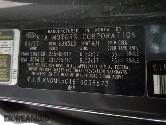 2015 Kia Sedona LX with VIN KNDMB5C16F6058875, listed as a Copart auction lot 52739125 with 117,207 mi miles and Clean Title. Bid and sale history available at DreamBid. Image 13.