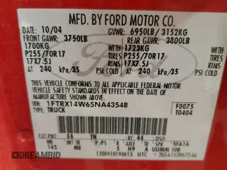 2005 Ford F-150 STX with VIN 1FTRX14W65NA43548, listed as a Copart auction lot 53293315 with Not Provided miles and Salvage Title. Bid and sale history available at carsss.com. Image 12.
