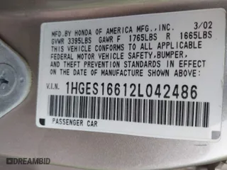2002 Honda Civic LX with VIN 1HGES16612L042486, listed as a IAAI auction lot 41908839 with 1 mi miles. Bid and sale history available at carsss.com. Image 9.