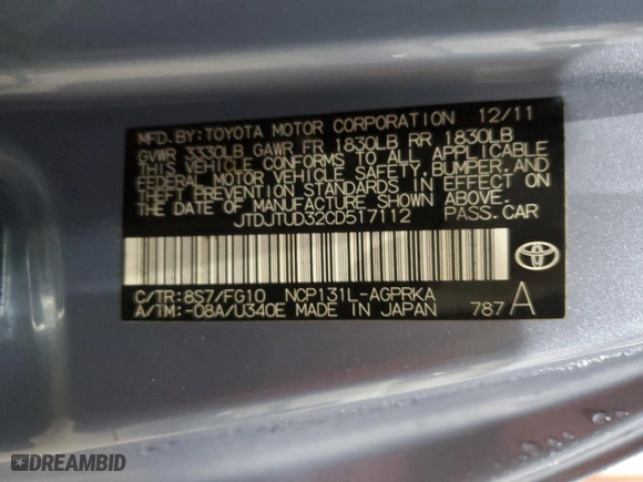 2012 Toyota Yaris L with VIN JTDJTUD32CD517112, listed as a Copart auction lot 87656835 with 113,925 mi miles and Salvage Title. Bid and sale history available at carsss.com. Image 12.