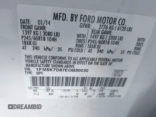 2014 Ford Explorer XLT with VIN 1FM5K7D87EGB50030, listed as a IAAI auction lot 40999068 with 110,455 mi miles and . Bid and sale history available at carsss.com. Image 9.