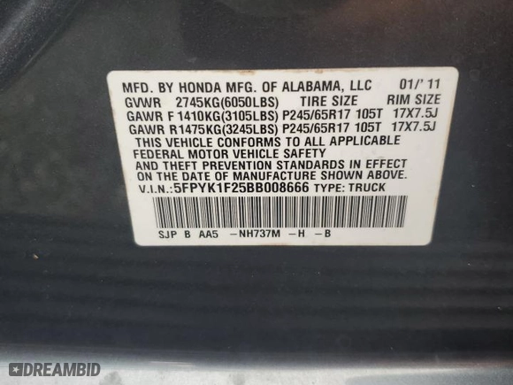 2011 Honda Ridgeline RT with VIN 5FPYK1F25BB008666, listed as a Copart auction lot 74420454 with 0 mi miles and Non Repairable. Bid and sale history available at carsss.com. Image 13.