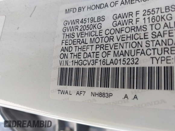 2020 Honda Accord with VIN 1HGCV3F16LA015232, listed as a IAAI auction lot 41633260 with 244,855 mi miles and . Bid and sale history available at DreamBid. Image 9.