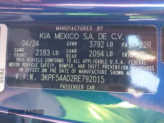 2024 Kia Forte GT-Line with VIN 3KPF54AD2RE792015, listed as a IAAI auction lot 41659286 with 8,599 mi miles and . Bid and sale history available at carsss.com. Image 9.