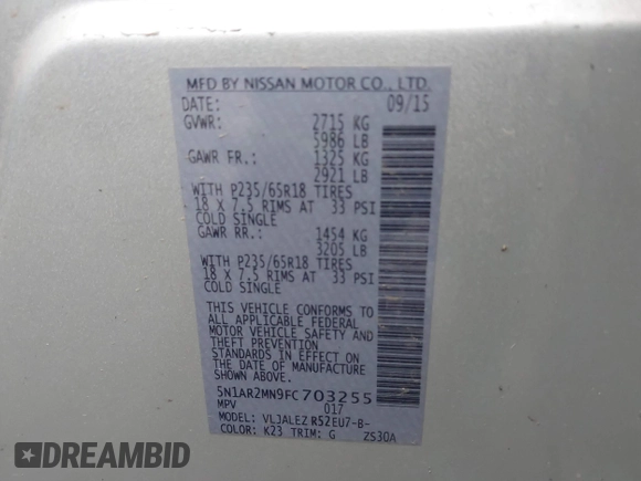 2015 Nissan Pathfinder SV z VIN 5N1AR2MN9FC703255, wystawiony jako IAAI lot #41060972 z przebiegiem 116 226 mil mil oraz . Historia ofert i sprzedaży dostępna na DreamBid. Obrazek 9.