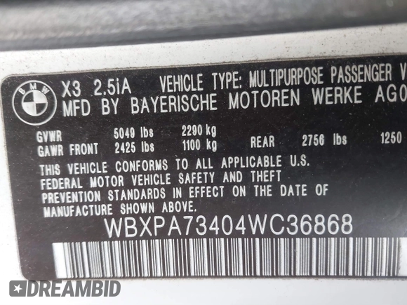 2004 BMW X3 2.5i with VIN WBXPA73404WC36868, listed as a IAAI auction lot 41835216 with 117,991 mi miles. Bid and sale history available at carsss.com. Image 9.