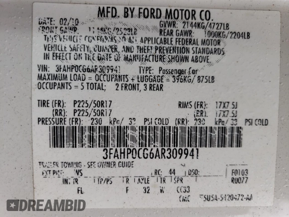 2010 Ford Fusion SEL with VIN 3FAHP0CG6AR309941, listed as a Copart auction lot 54722835 with 151,680 mi miles and Clean Title. Bid and sale history available at carsss.com. Image 12.