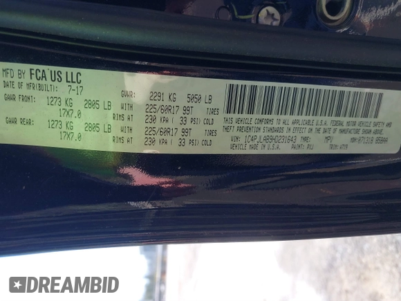 2017 Jeep Cherokee Sport с VIN 1C4PJLAB9HD231643, выставлен на аукционе IAAI как лот 41761807 с пробегом 172 597 миль миль и . История ставок и продаж доступна на DreamBid. Изображение 9.