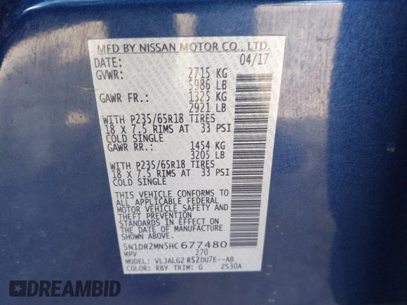 2017 Nissan Pathfinder S with VIN 5N1DR2MN5HC677480, listed as a IAAI auction lot 41730478 with 73,219 mi miles. Bid and sale history available at carsss.com. Image 9.