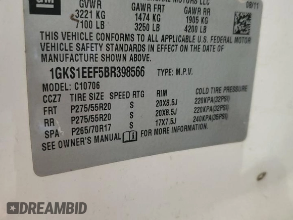 2011 GMC Yukon Denali with VIN 1GKS1EEF5BR398566, listed as a Copart auction lot 71068254 with 0 mi miles and Salvage Title. Bid and sale history available at carsss.com. Image 13.