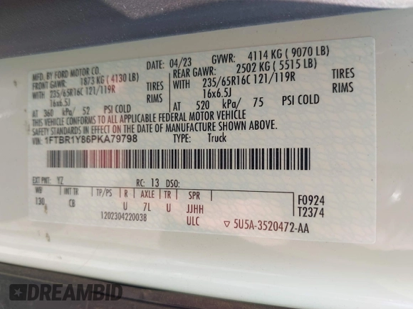 2023 Ford Transit Cargo with VIN 1FTBR1Y86PKA79798, listed as a IAAI auction lot 40155361 with 28,670 mi miles and . Bid and sale history available at DreamBid. Image 9.
