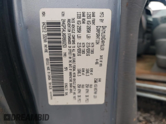 2006 Chrysler Town & Country LWB Touring with VIN 2A4GP54L06R866253, listed as a Copart auction lot 78911244 with 155,552 mi miles and Salvage Title. Bid and sale history available at carsss.com. Image 13.