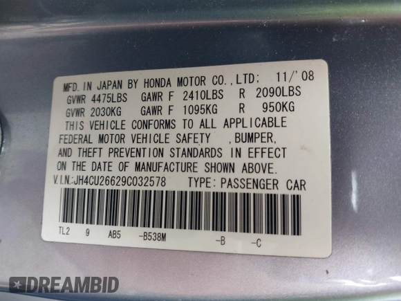 2009 Acura TSX z VIN JH4CU26629C032578, wystawiony jako IAAI lot #42363495 z przebiegiem 116 641 mil mil oraz . Historia ofert i sprzedaży dostępna na DreamBid. Obrazek 9.