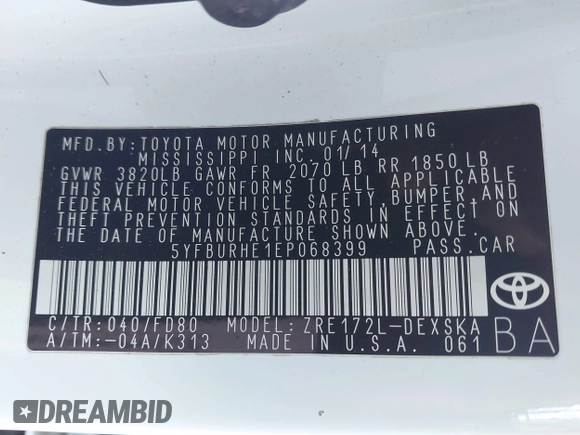 2014 Toyota Corolla L with VIN 5YFBURHE1EP068399, listed as a IAAI auction lot 41821026 with 199,065 mi miles and . Bid and sale history available at DreamBid. Image 9.