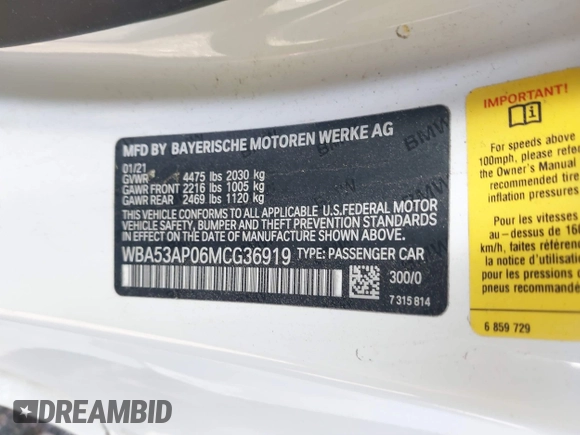 2021 BMW 4 Series 430i with VIN WBA53AP06MCG36919, listed as a IAAI auction lot 41863554 with 33,556 mi miles and . Bid and sale history available at DreamBid. Image 9.