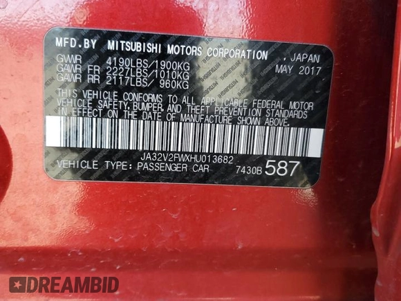 2017 Mitsubishi Lancer ES with VIN JA32V2FWXHU013682, listed as a Copart auction lot 50646664 with Not Provided miles and Salvage Title. Bid and sale history available at carsss.com. Image 12.