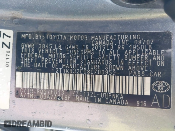 2008 Toyota Matrix STD with VIN 2T1KR32E08C700952, listed as a IAAI auction lot 41823510 with 136,625 mi miles and . Bid and sale history available at DreamBid. Image 9.