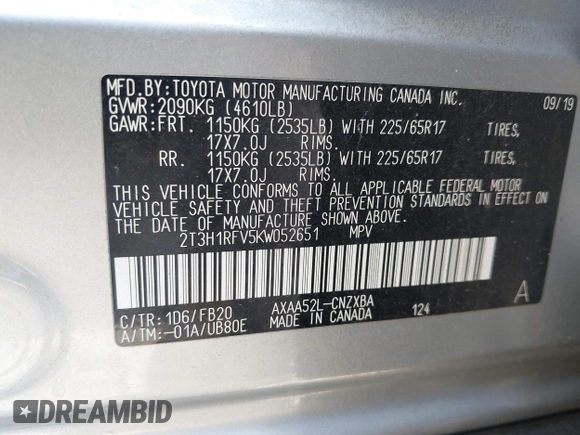 2019 Toyota RAV4 LE with VIN 2T3H1RFV5KW052651, listed as a IAAI auction lot 42530765 with 45,064 mi miles and . Bid and sale history available at DreamBid. Image 9.