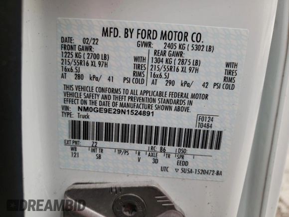 2022 Ford Transit Connect XL z VIN NM0GE9E29N1524891, wystawiony jako Copart lot #67585133 z przebiegiem 7 025 mil mil oraz . Historia ofert i sprzedaży dostępna na DreamBid. Obrazek 13.