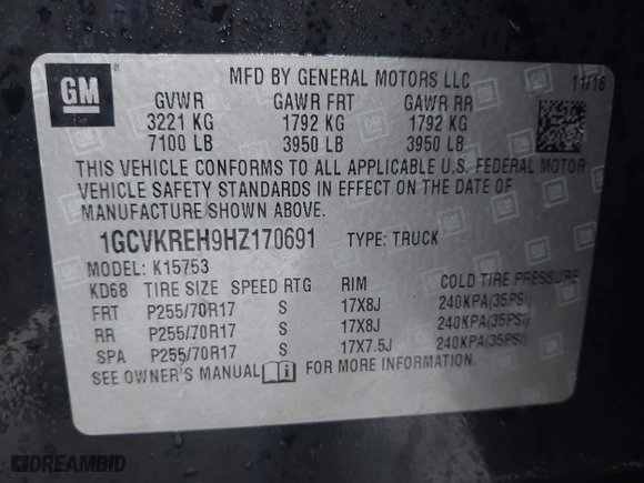 2017 Chevrolet Silverado 1500 LT with VIN 1GCVKREH9HZ170691, listed as a IAAI auction lot 41196713 with 111,189 mi miles. Bid and sale history available at carsss.com. Image 9.
