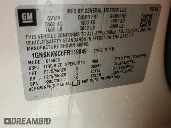 2015 Chevrolet Suburban LTZ with VIN 1GNSKKKC6FR119849, listed as a Copart auction lot 47176815 with 67,235 mi miles and Salvage Title. Bid and sale history available at carsss.com. Image 14.