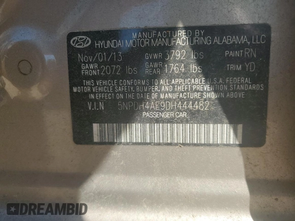 2013 Hyundai Elantra GLS with VIN 5NPDH4AE9DH444482, listed as a Copart auction lot 61846945 with 76,536 mi miles and Salvage title. Bid and sale history available at DreamBid. Image 12.