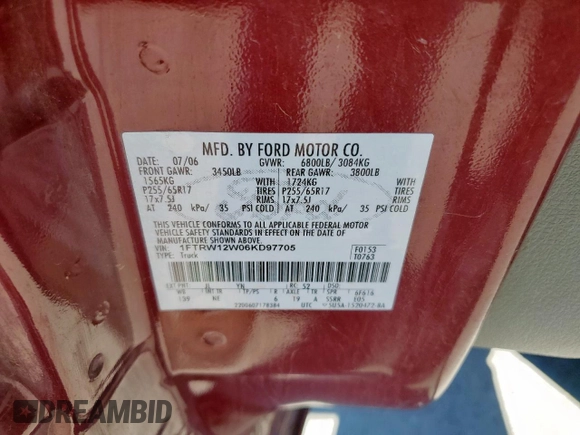 2006 Ford F-150 XLT with VIN 1FTRW12W06KD97705, listed as a Copart auction lot 59802965 with 153,229 mi miles and Clean title. Bid and sale history available at DreamBid. Image 12.